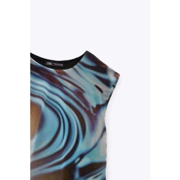 ZARA WOMAN NWT PRINTED TULLE DRESS BLUE BLACK - Picture 7 of 13